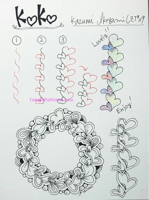 How to draw the Zentangle pattern Koko, tangle and deconstruction by Kazumi Ikegami. Image copyright the artist and used with permission, ALL RIGHTS RESERVED.