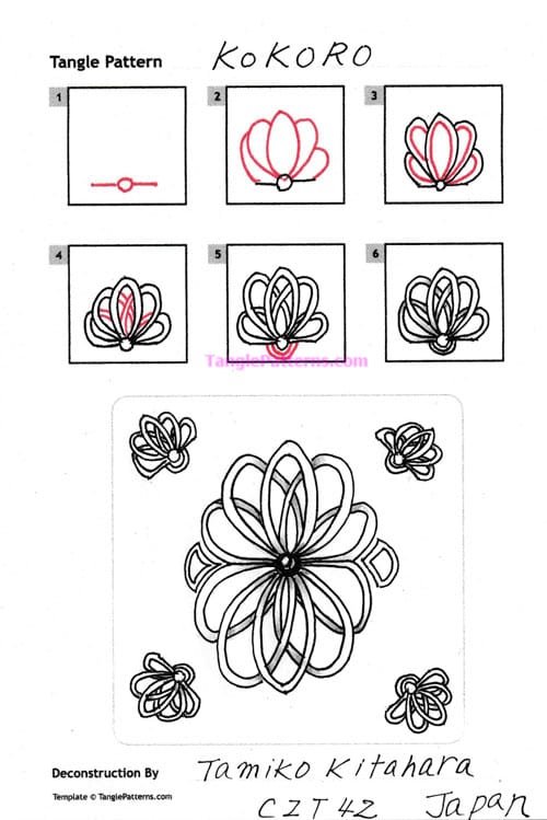 How to draw the Zentangle pattern Kokoro, tangle and deconstruction by Tamiko Kitahara. Image copyright the artist and used with permission, ALL RIGHTS RESERVED.