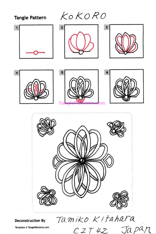 How to draw the Zentangle pattern Kokoro, tangle and deconstruction by Tamiko Kitahara. Image copyright the artist and used with permission, ALL RIGHTS RESERVED. How to draw the Zentangle pattern Kokoro, tangle and deconstruction by Tamiko Kitahara. Image copyright the artist and used with permission, ALL RIGHTS RESERVED.