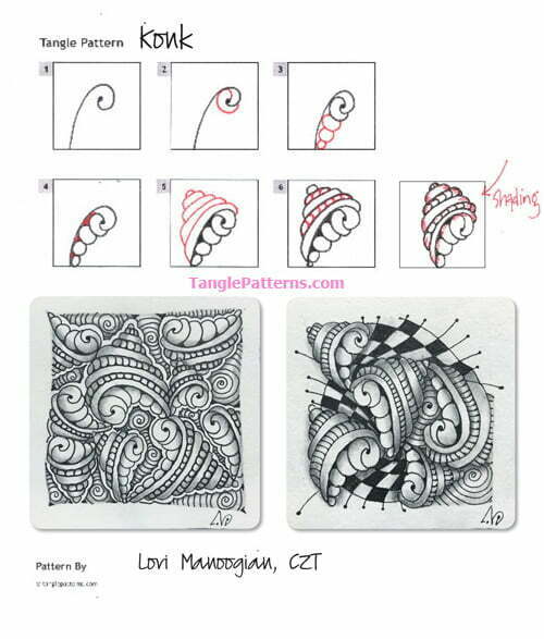 How to draw the Zentangle pattern Konk, tangle and deconstruction by Lori Manoogian. Image copyright the artist and used with permission, ALL RIGHTS RESERVED.