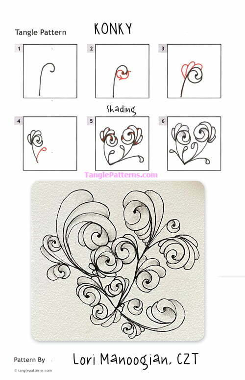 How to draw the Zentangle pattern Konky, tangle and deconstruction by Lori Manoogian. Image copyright the artist and used with permission, ALL RIGHTS RESERVED.