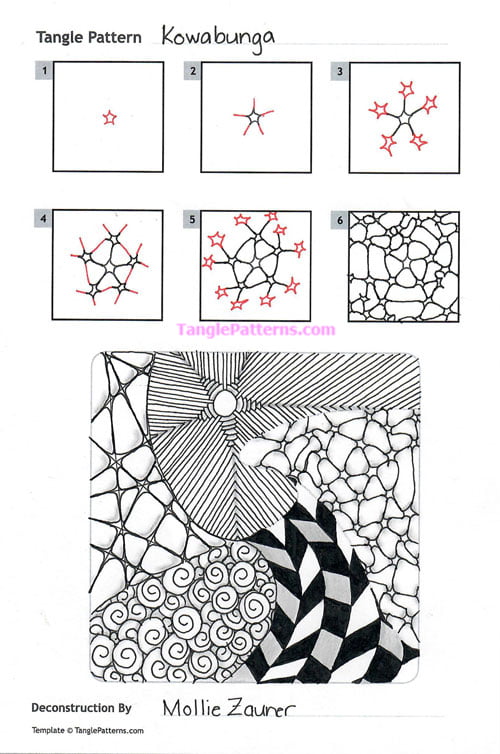 How to draw the Zentangle pattern Kowabunga, tangle and deconstruction by Mollie Zauner. Image copyright the artist and used with permission, ALL RIGHTS RESERVED.
