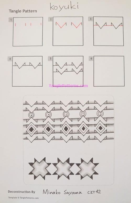 How to draw the Zentangle pattern Koyuki, tangle and deconstruction by Minako Sayama. Image copyright the artist and used with permission, ALL RIGHTS RESERVED.