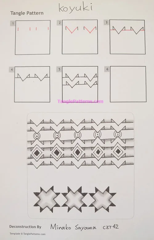 How to draw the Zentangle pattern Koyuki, tangle and deconstruction by Minako Sayama. Image copyright the artist and used with permission, ALL RIGHTS RESERVED. How to draw the Zentangle pattern Koyuki, tangle and deconstruction by Minako Sayama. Image copyright the artist and used with permission, ALL RIGHTS RESERVED.