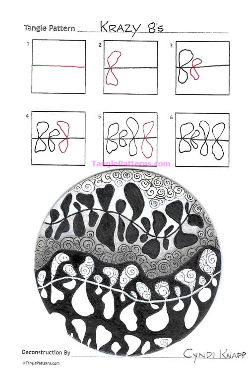 How to draw the Zentangle pattern Krazy 8's, tangle and deconstruction by Cyndi Knapp. Image copyright the artist and used with permission, ALL RIGHTS RESERVED.