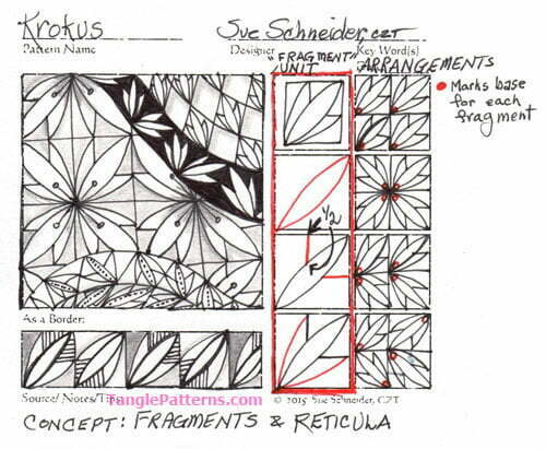 How to draw the Zentangle pattern Krokus, tangle and deconstruction by CZT Sue Schneider. Image copyright the artist and used with permission, ALL RIGHTS RESERVED.