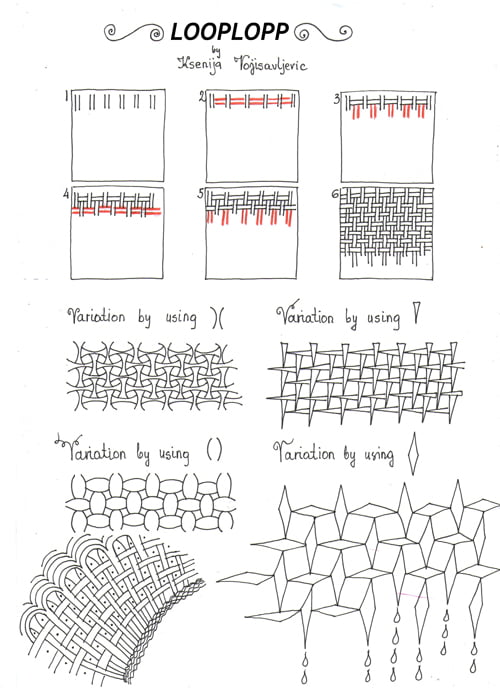 Steps for Ksenija Vojisavljevic's LOOPLOPP tangle pattern