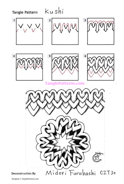 How to draw the Zentangle pattern Kushi, tangle and deconstruction by Midori Furuhashi. Image copyright the artist and used with permission, ALL RIGHTS RESERVED.