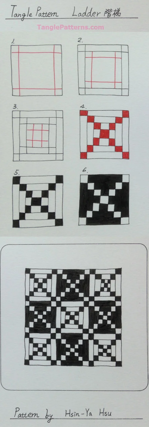 How to draw the Zentangle pattern Ladder, tangle and deconstruction by Hsin-Ya Hsu. Image copyright the artist and used with permission, ALL RIGHTS RESERVED.