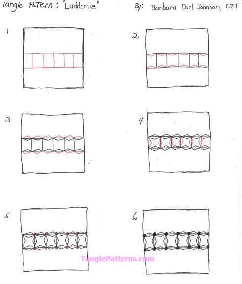 How to draw the Zentangle pattern Ladderlie, tangle and deconstruction by Barbara Duel Johnson. Image copyright the artist and used with permission, ALL RIGHTS RESERVED.