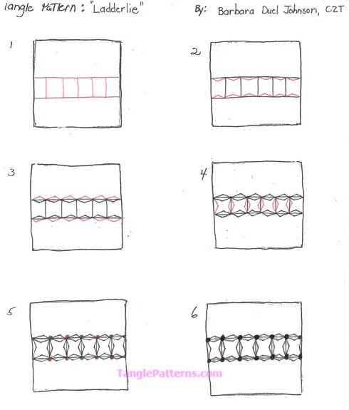 How to draw the Zentangle pattern Ladderlie, tangle and deconstruction by Barbara Duel Johnson. Image copyright the artist and used with permission, ALL RIGHTS RESERVED.