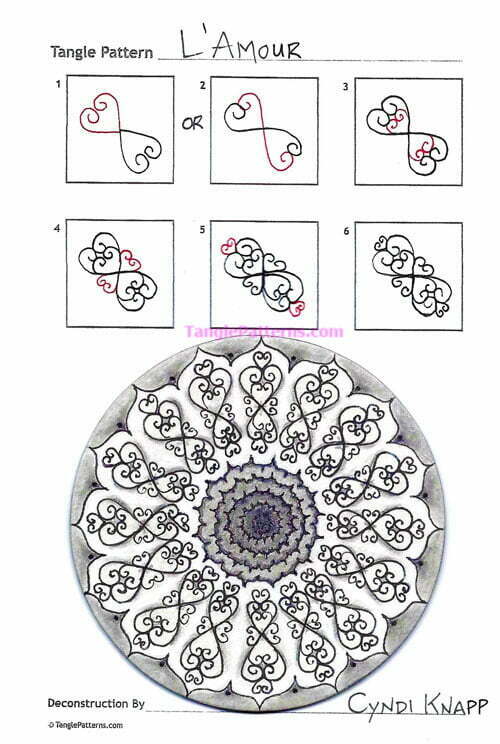 How to draw the Zentangle pattern L'Amour, tangle and deconstruction by Cyndi Knapp. Image copyright the artist and used with permission, ALL RIGHTS RESERVED.