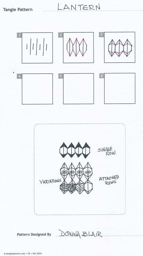 Steps for Donna Blair's "Lantern" tangle pattern