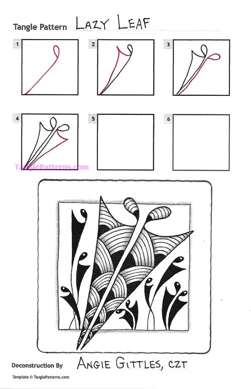 How to draw the Zentangle pattern Lazy Leaf, tangle and deconstruction by Angie Gittles. Image copyright the artist and used with permission, ALL RIGHTS RESERVED.