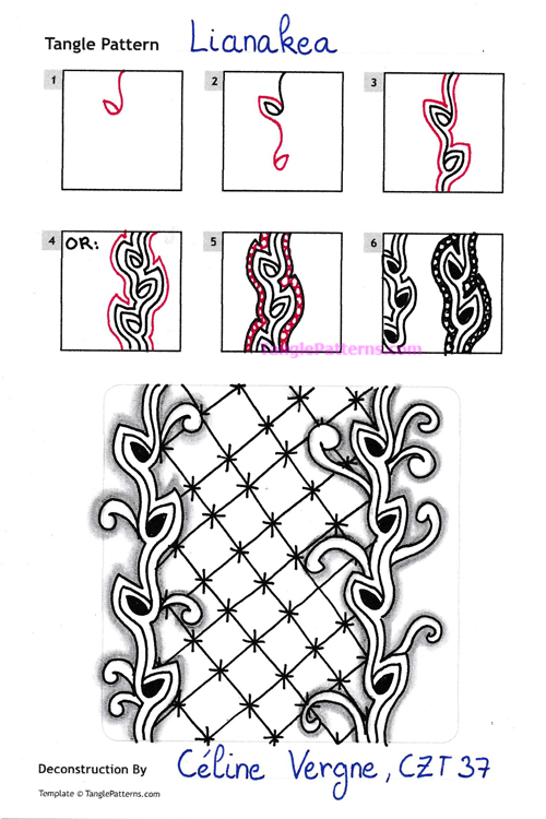 How to draw the Zentangle pattern Lianakea, tangle and deconstruction by Céline Vergne. Image copyright the artist and used with permission, ALL RIGHTS RESERVED. How to draw the Zentangle pattern Lianakea, tangle and deconstruction by Céline Vergne. Image copyright the artist and used with permission, ALL RIGHTS RESERVED.