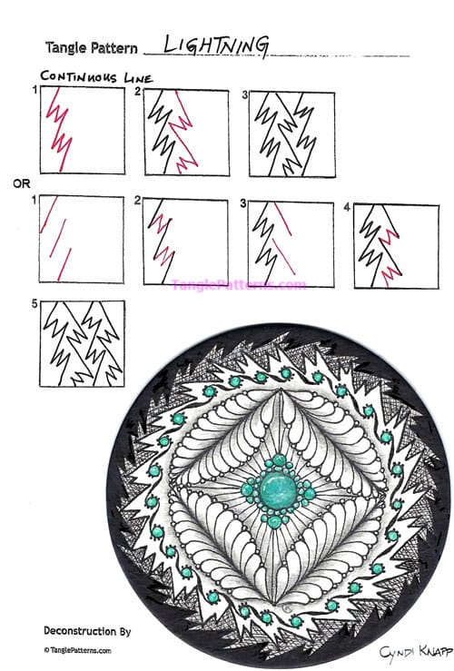 How to draw the Zentangle pattern Lightning, tangle and deconstruction by Cyndi Knapp. Image copyright the artist and used with permission, ALL RIGHTS RESERVED. How to draw the Zentangle pattern Lightning, tangle and deconstruction by Cyndi Knapp. Image copyright the artist and used with permission, ALL RIGHTS RESERVED.