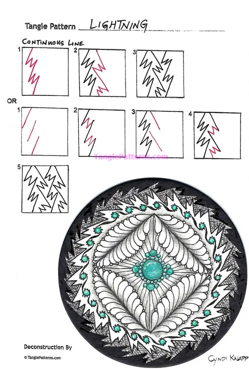 How to draw the Zentangle pattern Lightning, tangle and deconstruction by Cyndi Knapp. Image copyright the artist and used with permission, ALL RIGHTS RESERVED. How to draw the Zentangle pattern Lightning, tangle and deconstruction by Cyndi Knapp. Image copyright the artist and used with permission, ALL RIGHTS RESERVED.