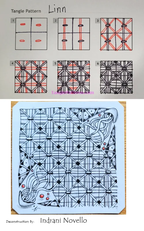 How to draw the Zentangle pattern Linn, tangle and deconstruction by Indrani Novello. Image copyright the artist and used with permission, ALL RIGHTS RESERVED.