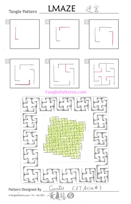 How to draw the Zentangle pattern LMaze, tangle and deconstruction by Curtis Hwang. Image copyright the artist and used with permission, ALL RIGHTS RESERVED. How to draw the Zentangle pattern LMaze, tangle and deconstruction by Curtis Hwang. Image copyright the artist and used with permission, ALL RIGHTS RESERVED.