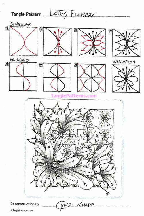 How to draw the Zentangle pattern Lotus Flower, tangle and deconstruction by Cyndi Knapp. Image copyright the artist and used with permission, ALL RIGHTS RESERVED.