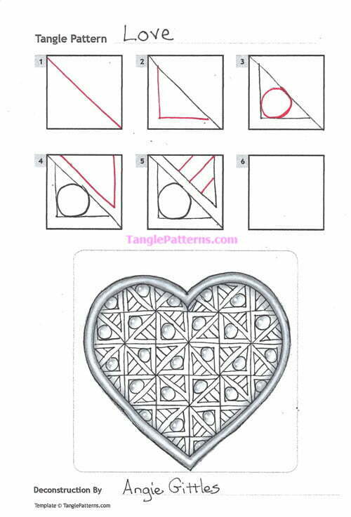How to draw the Zentangle pattern Love, tangle and deconstruction by Angie Gittles. Image copyright the artist and used with permission, ALL RIGHTS RESERVED.