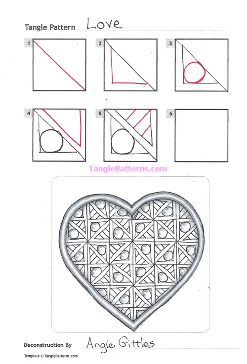 How to draw the Zentangle pattern Love, tangle and deconstruction by Angie Gittles. Image copyright the artist and used with permission, ALL RIGHTS RESERVED. How to draw the Zentangle pattern Love, tangle and deconstruction by Angie Gittles. Image copyright the artist and used with permission, ALL RIGHTS RESERVED.