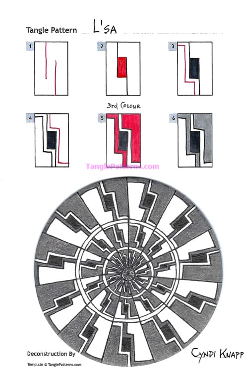 How to draw the Zentangle pattern L'sa, tangle and deconstruction by Cyndi Knapp. Image copyright the artist and used with permission, ALL RIGHTS RESERVED.