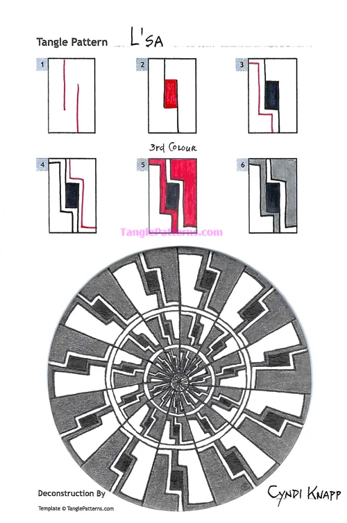 How to draw the Zentangle pattern L'sa, tangle and deconstruction by Cyndi Knapp. Image copyright the artist and used with permission, ALL RIGHTS RESERVED. How to draw the Zentangle pattern L'sa, tangle and deconstruction by Cyndi Knapp. Image copyright the artist and used with permission, ALL RIGHTS RESERVED.