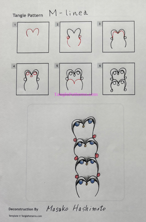 Online instructions for drawing CZT® Masako Hashimoto's Zentangle® pattern: M-Linea, tangle and deconstruction by Masako Hashimoto. Image copyright the artist and used with permission, ALL RIGHTS RESERVED.