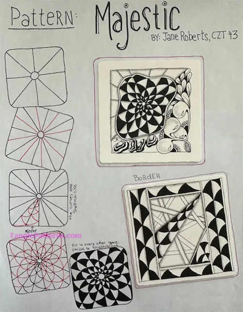 How to draw the Zentangle pattern Majestic, tangle and deconstruction by Jane Roberts. Image copyright the artist and used with permission, ALL RIGHTS RESERVED. How to draw the Zentangle pattern Majestic, tangle and deconstruction by Jane Roberts. Image copyright the artist and used with permission, ALL RIGHTS RESERVED.