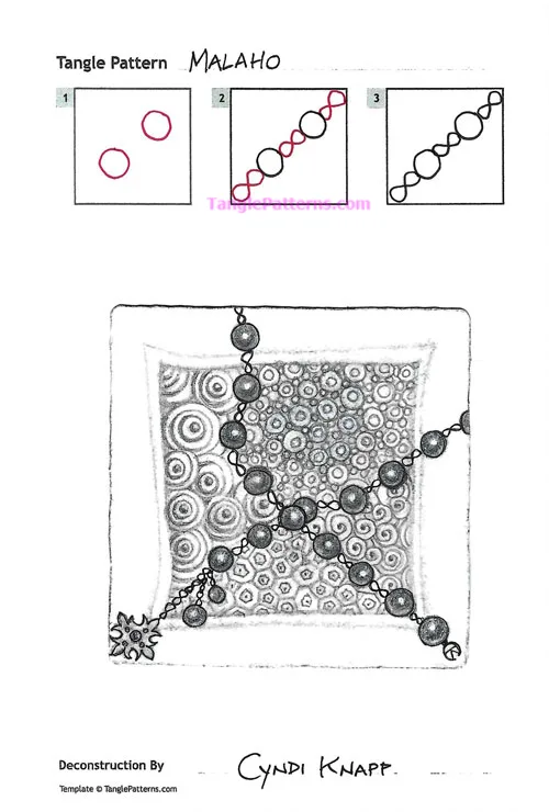 How to draw the Zentangle pattern Malaho, tangle and deconstruction by Cyndi Knapp. Image copyright the artist and used with permission, ALL RIGHTS RESERVED.