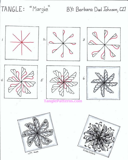 How to draw the Zentangle pattern Margie, tangle and deconstruction by Barbara Duel Johnson. Image copyright the artist and used with permission, ALL RIGHTS RESERVED.