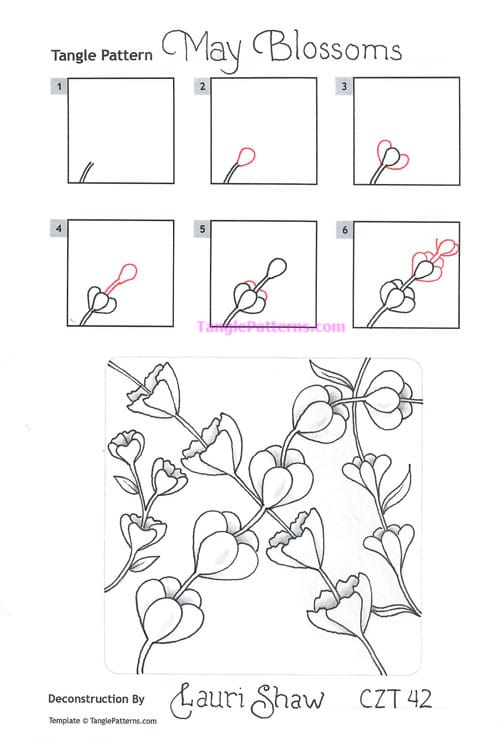 How to draw the Zentangle pattern May Blossoms, tangle and deconstruction by Lauri Shaw. Image copyright the artist and used with permission, ALL RIGHTS RESERVED. How to draw the Zentangle pattern May Blossoms, tangle and deconstruction by Lauri Shaw. Image copyright the artist and used with permission, ALL RIGHTS RESERVED.