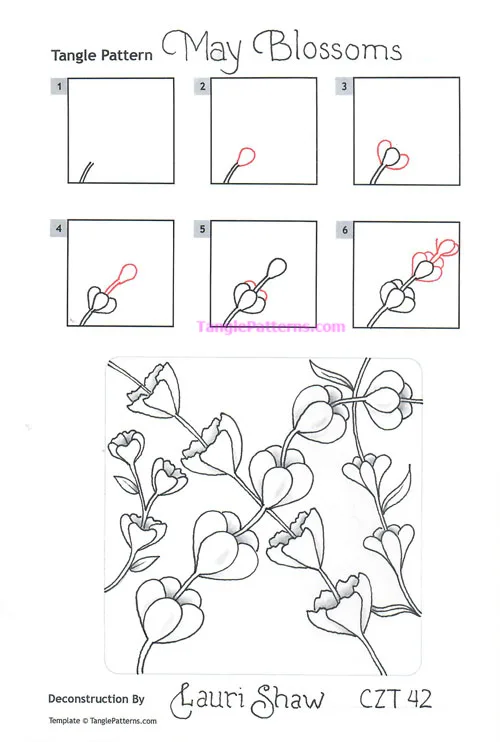 How to draw the Zentangle pattern May Blossoms, tangle and deconstruction by Lauri Shaw. Image copyright the artist and used with permission, ALL RIGHTS RESERVED. How to draw the Zentangle pattern May Blossoms, tangle and deconstruction by Lauri Shaw. Image copyright the artist and used with permission, ALL RIGHTS RESERVED.