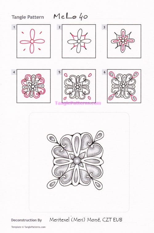 How to draw the Zentangle pattern MeLo40, tangle and deconstruction by Meritexel Moné. Image copyright the artist and used with permission, ALL RIGHTS RESERVED.