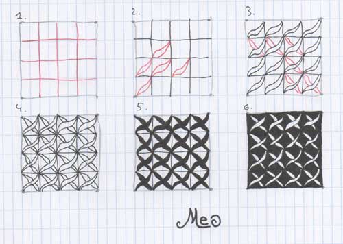Steps for drawing Jonathan Baetens' MEO tangle pattern