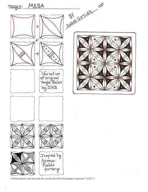 How to draw the Zentangle pattern Mesa, tangle and deconstruction by Angie Gittles. Image copyright the artist and used with permission, ALL RIGHTS RESERVED.