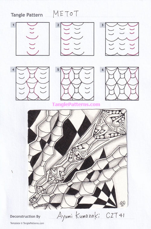 How to draw the Zentangle pattern Metot, tangle and deconstruction by Ayumi Kumazaki. Image copyright the artist and used with permission, ALL RIGHTS RESERVED.