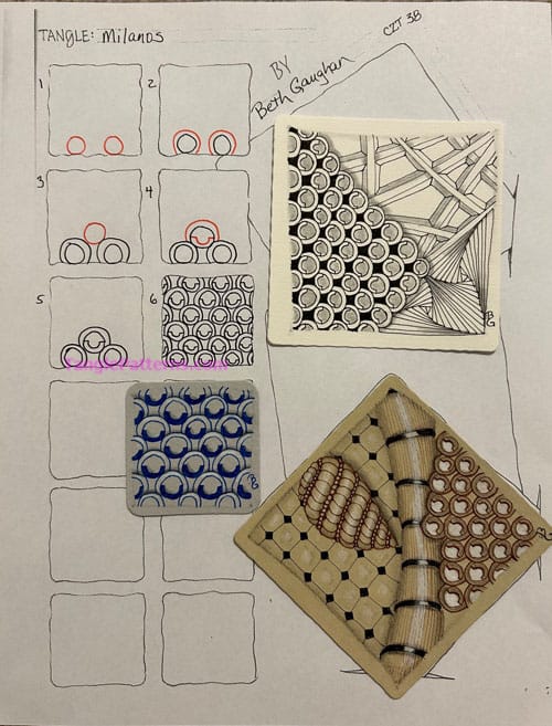 How to draw the Zentangle pattern Milanos, tangle and deconstruction by Beth Gaughan. Image copyright the artist and used with permission, ALL RIGHTS RESERVED. How to draw the Zentangle pattern Milanos, tangle and deconstruction by Beth Gaughan. Image copyright the artist and used with permission, ALL RIGHTS RESERVED.