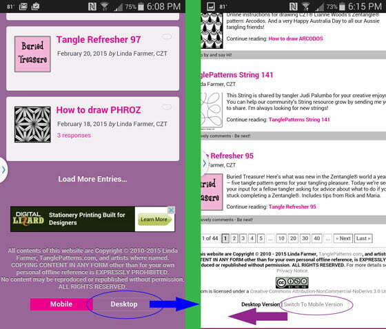 How to switch back and forth from the mobile and desktop versions of TanglePatterns.com
