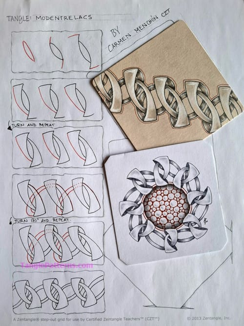 How to draw the Zentangle pattern Modentrelacs, tangle and deconstruction by Carmen Menchón. Image copyright the artist and used with permission, ALL RIGHTS RESERVED.