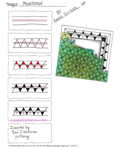 How to draw the Zentangle pattern Monsoon, tangle and deconstruction by Angie Gittles. Image copyright the artist and used with permission, ALL RIGHTS RESERVED.