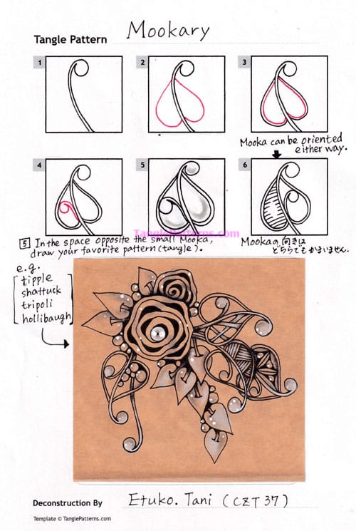 How to draw the Zentangle pattern Mookary, tangle and deconstruction by Etuko Tani. Image copyright the artist and used with permission, ALL RIGHTS RESERVED.