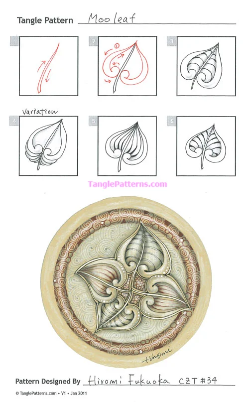 How to draw the Zentangle pattern Mooleaf, tangle and deconstruction by Hiromi Fukuoka. Image copyright the artist and used with permission, ALL RIGHTS RESERVED.