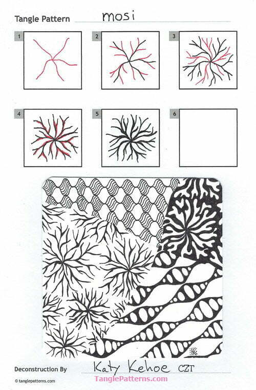 How to draw the Zentangle pattern Mosi, tangle and deconstruction by CZT Katy Kehoe. Image copyright the artist and used with permission, ALL RIGHTS RESERVED.
