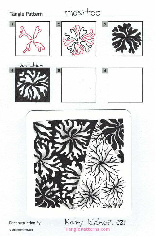 How to draw the Zentangle pattern Mositoo, tangle and deconstruction by CZT Katy Kehoe. Image copyright the artist and used with permission, ALL RIGHTS RESERVED.
