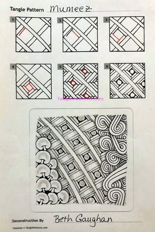 How to draw the Zentangle pattern Mumeez, tangle and deconstruction by Beth Gaughan. Image copyright the artist and used with permission, ALL RIGHTS RESERVED.