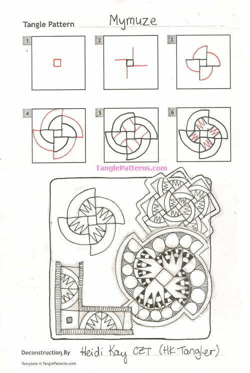How to draw the Zentangle pattern Mymuze, tangle and deconstruction by Heidi Kay. Image copyright the artist and used with permission, ALL RIGHTS RESERVED.