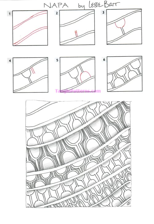 How to draw the Zentangle pattern Napa, tangle and deconstruction by Leslie Barr. Image copyright the artist and used with permission, ALL RIGHTS RESERVED.