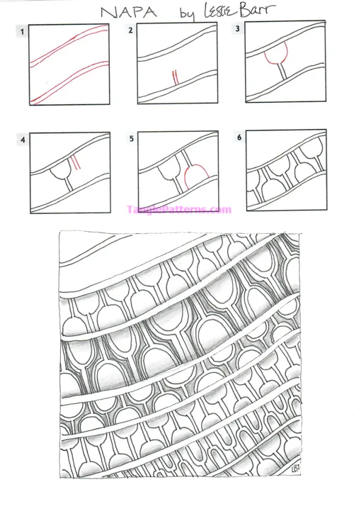 How to draw the Zentangle pattern Napa, tangle and deconstruction by Leslie Barr. Image copyright the artist and used with permission, ALL RIGHTS RESERVED. How to draw the Zentangle pattern Napa, tangle and deconstruction by Leslie Barr. Image copyright the artist and used with permission, ALL RIGHTS RESERVED.